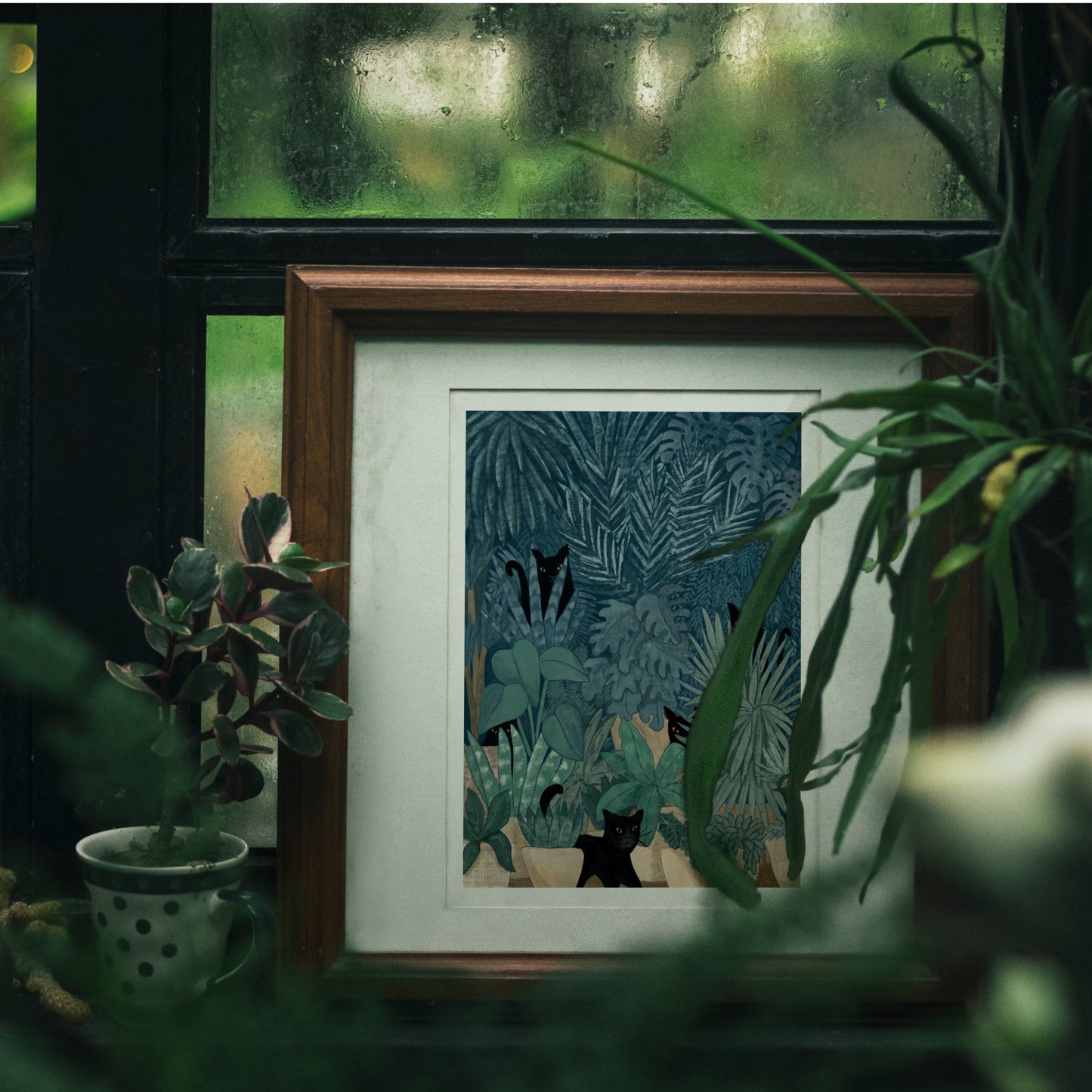 Black Cats in a Potted Jungle Art Print
