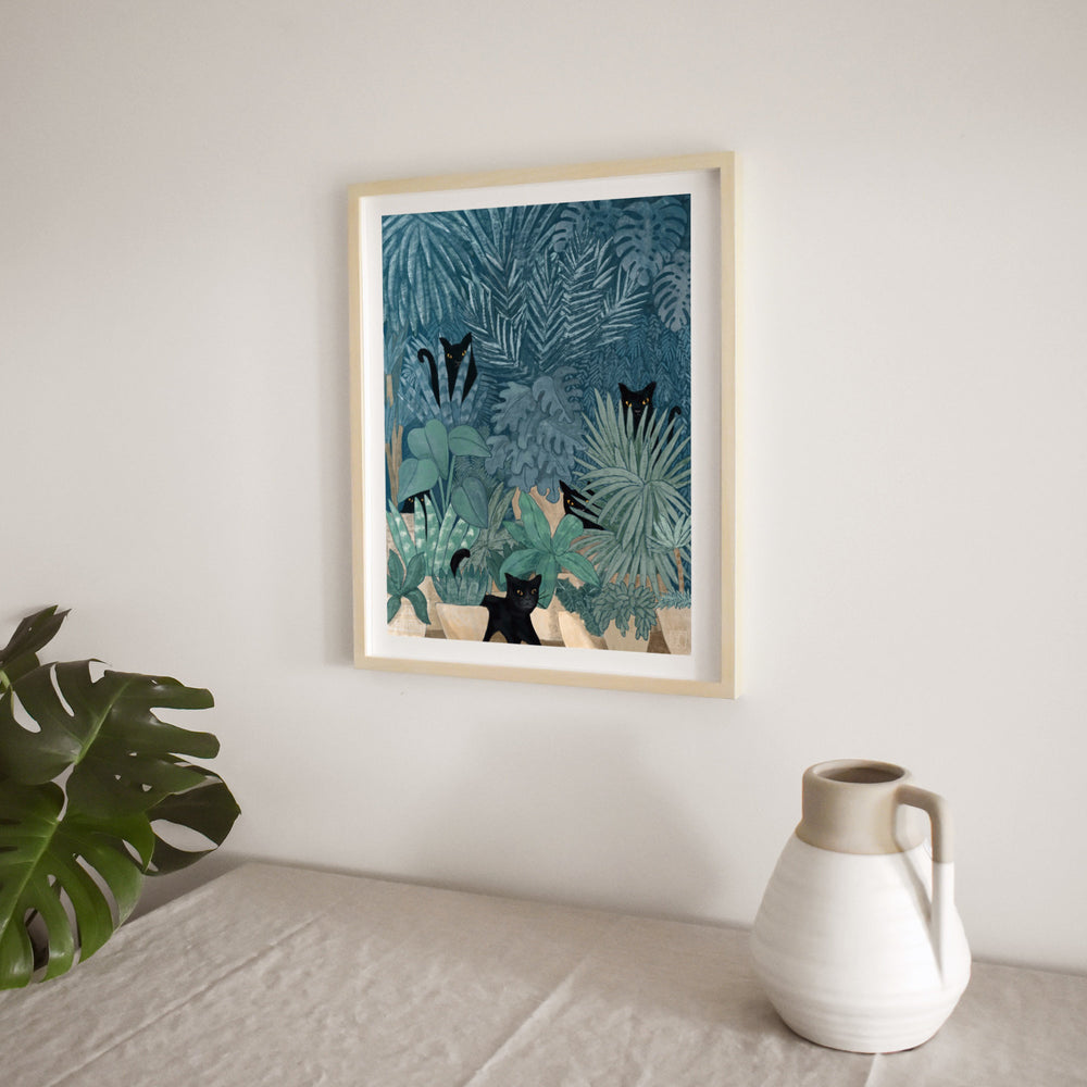 Black Cats in a Potted Jungle Art Print