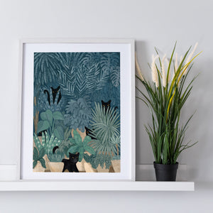Black Cats in a Potted Jungle Art Print