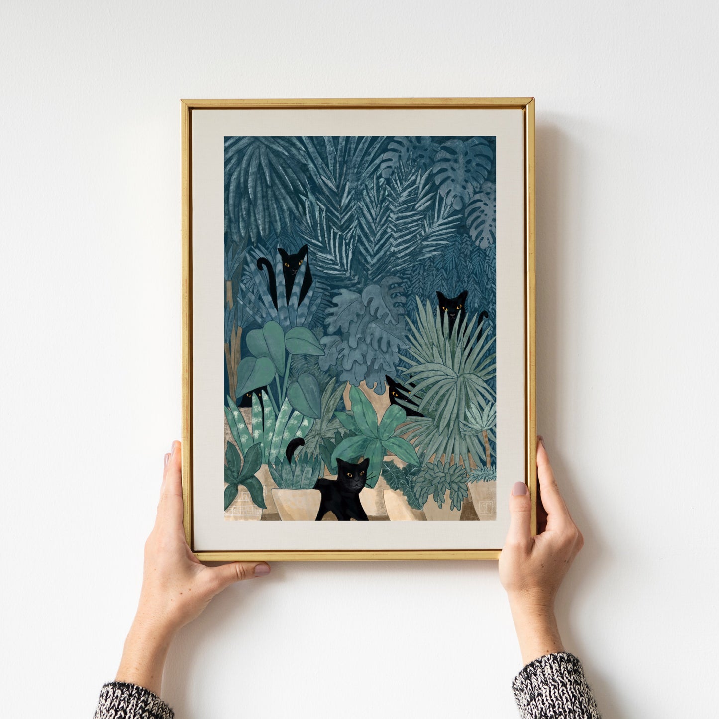Black Cats in a Potted Jungle Art Print