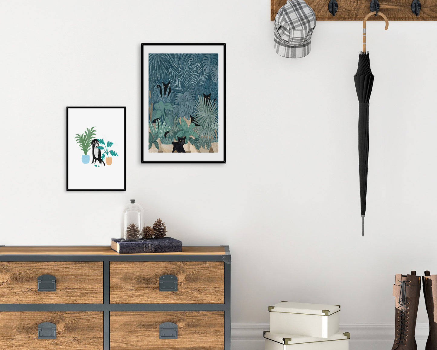 Black Cats in a Potted Jungle Art Print