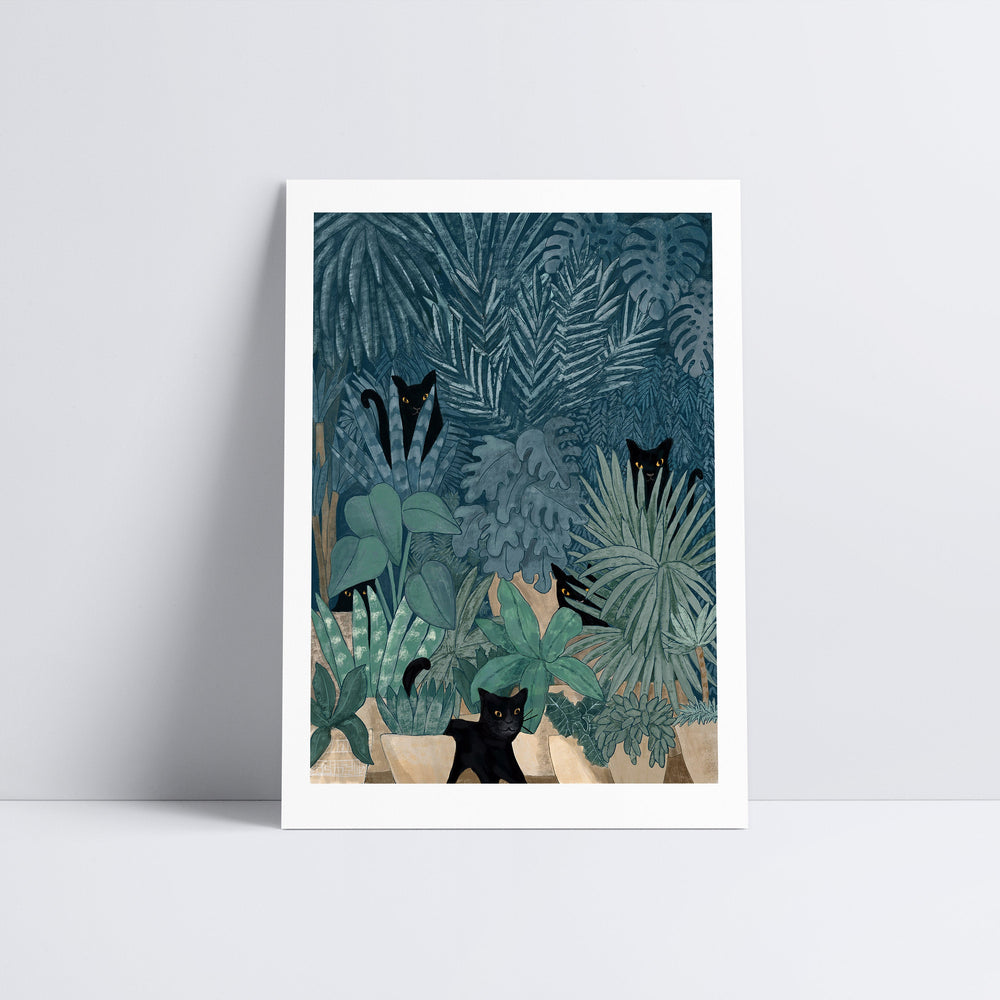 Black Cats in a Potted Jungle Art Print